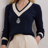 Lauren Ralph Lauren Cable-Knit Cotton Cricket Jumper In Navy