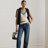 Lauren Ralph Lauren Cable-Knit Cotton Sleeveless Jumper in Mascarpone Cream/Navy