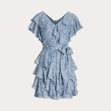 Lauren Ralph Lauren Floral Metallic Chiffon Cocktail Dress in Blue/Cream