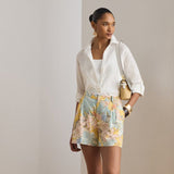 Lauren Ralph Lauren Floral Pleated Linen Shorts in Cream/Blue Multi
