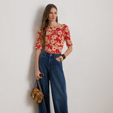 Lauren Ralph Lauren Floral Stretch Cotton Boatneck T-Shirt in Red/Tan Floral
