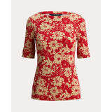 Lauren Ralph Lauren Floral Stretch Cotton Boatneck T-Shirt in Red/Tan Floral