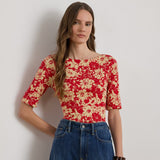 Lauren Ralph Lauren Floral Stretch Cotton Boatneck T-Shirt in Red/Tan Floral