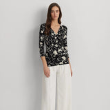 Lauren Ralph Lauren Floral Surplice Stretch Jersey Top In Black / Cream
