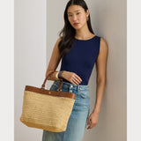 Lauren Ralph Lauren Large Kyla Leather-Trim Straw Tote Bag in Natural/Lauren Tan