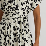 Lauren Ralph Lauren Leaf-Print Belted Crepe Dress in Cream/Black