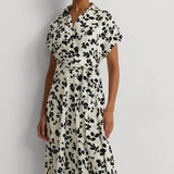 Lauren Ralph Lauren Leaf-Print Belted Crepe Dress in Cream/Black