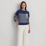 Lauren Ralph Lauren Logo Striped Cotton Boatneck Jumper In Indigo Dusk Heather