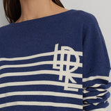Lauren Ralph Lauren Logo Striped Cotton Boatneck Jumper In Indigo Dusk Heather