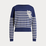 Lauren Ralph Lauren Logo Striped Cotton Boatneck Jumper In Indigo Dusk Heather