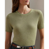 Lauren Ralph Lauren Metallic Rib-Knit Short-Sleeve Jumper In Light Olive