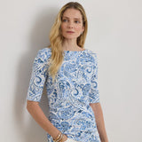 Lauren Ralph Lauren Paisley Stretch Cotton Boatneck T-Shirt In White/Blue