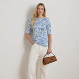 Lauren Ralph Lauren Paisley Stretch Cotton Boatneck T-Shirt In White/Blue