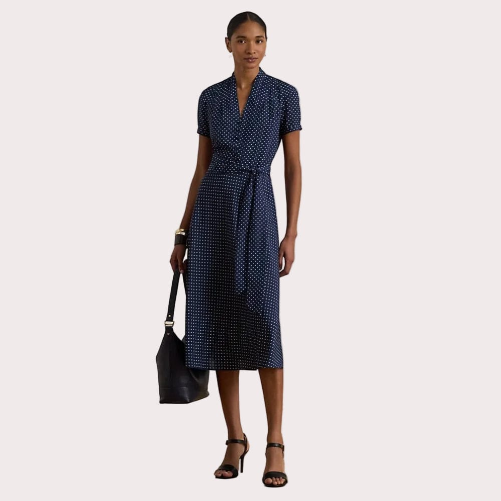ralph lauren navy blue polka dot dress Lauren Ralph Lauren Polka-Dot Belted Crepe Dress In Navy