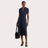 Lauren Ralph Lauren Polka-Dot Belted Crepe Dress In Navy
