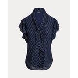 Lauren Ralph Lauren Polka-Dot Georgette Tie-Neck Blouse In Navy