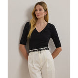 Lauren Ralph Lauren Stretch Cotton Elbow-Sleeve V-Neck Tee In Black