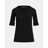 Lauren Ralph Lauren Stretch Cotton Elbow-Sleeve V-Neck Tee In Black