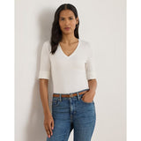 Lauren Ralph Lauren Stretch Cotton Elbow-Sleeve V-Neck Tee In White
