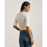 Lauren Ralph Lauren Stretch Cotton Elbow-Sleeve V-Neck Tee In White