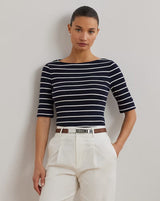 Lauren Ralph Lauren Striped Stretch Cotton Boatneck Tee In Navy