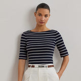 Lauren Ralph Lauren Striped Stretch Cotton Boatneck Tee In Navy