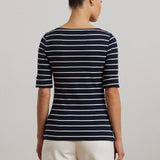 Lauren Ralph Lauren Striped Stretch Cotton Boatneck Tee In Navy