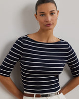 Lauren Ralph Lauren Striped Stretch Cotton Boatneck Tee In Navy