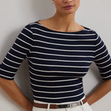 Lauren Ralph Lauren Striped Stretch Cotton Boatneck Tee In Navy