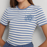 Lauren Ralph Lauren Striped Stretch Cotton Crewneck Tee in Pale Azure