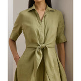Lauren Ralph Lauren Tie-Front Linen Shirtdress In Light Olive