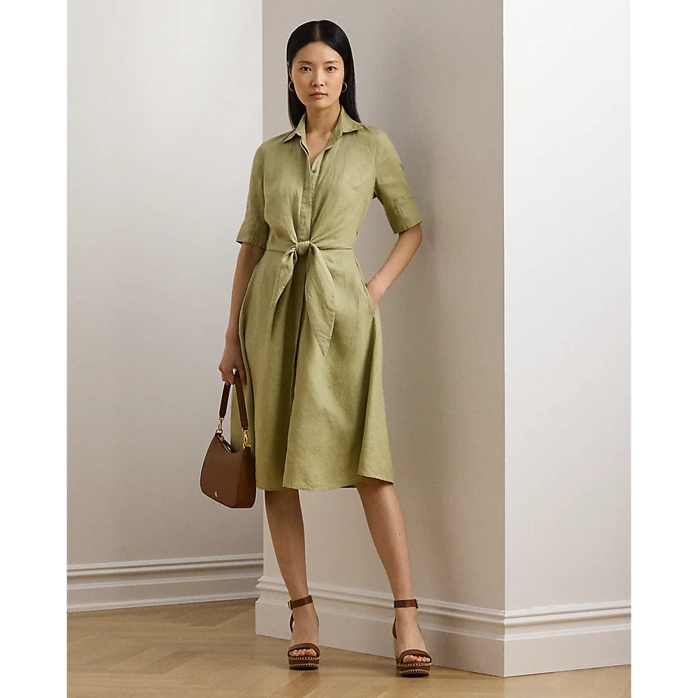 Lauren Ralph Lauren Tie-Front Linen Shirtdress In Light Olive Lauren Ralph Lauren Tie-Front Linen Shirtdress In Light Olive