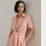 Lauren Ralph Lauren Wakana Elbow Sleeves Day Dress Tie Waist In Pink