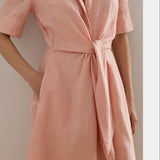 Lauren Ralph Lauren Wakana Elbow Sleeves Day Dress Tie Waist In Pink