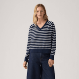 Levi's Supersoft V-neck Pullover Sweater Parisienne Stripe Peacoat In Blue