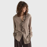 MeiMeij Silk Crepe Blend Shirt With Pleated Ruffles In Dune