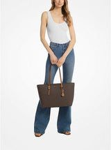 Michael Kors Quinn Large Signature Logo And Leather Tote Bag In Brown Acorn