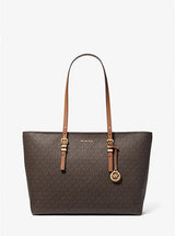 Michael Kors Quinn Large Signature Logo And Leather Tote Bag In Brown Acorn