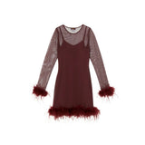Never Fully Dressed Mesh Feather Mini Dress In Wine