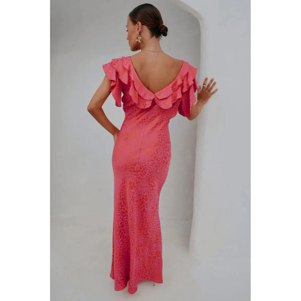 strapless open back dress Never Fully Dressed Pink and Red Animal Print Satin Wrap Dress- Size 1 –  The Saved Collection main image 1