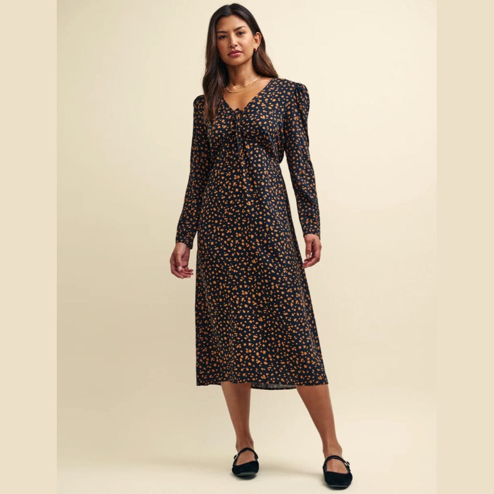 Nobody's Child Black and Orange Spot Print Long Sleeve Lily Midi Dress