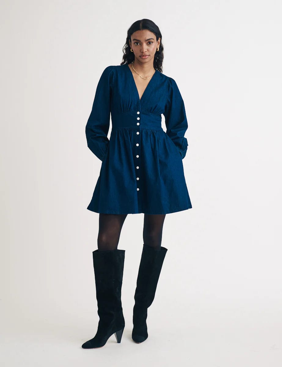 blue denim starlight mini dress Women's Leading The Way Halter Denim Mini Dress in Light