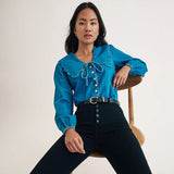 nobody's Child Denim Long Sleeve Birdie Blouse In Blue