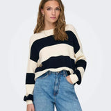 ONLY Onlatia Long Sleeve Stripe Knitted Pullover in Black/Whitecap Gray