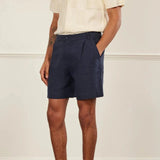 Percival Pleated Linen Shorts in Navy