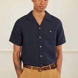 Percival Short Sleeve Cuban Shirt Linen In Navy