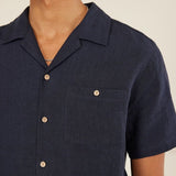 Percival Short Sleeve Cuban Shirt Linen in Navy