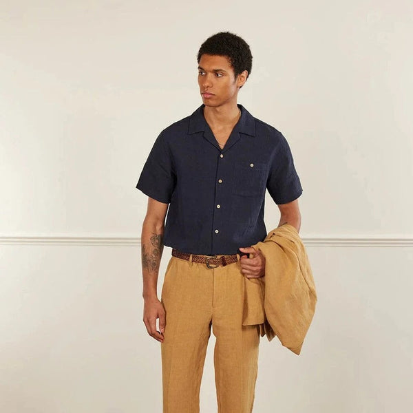 Percival Short Sleeve Cuban Shirt Linen in Navy