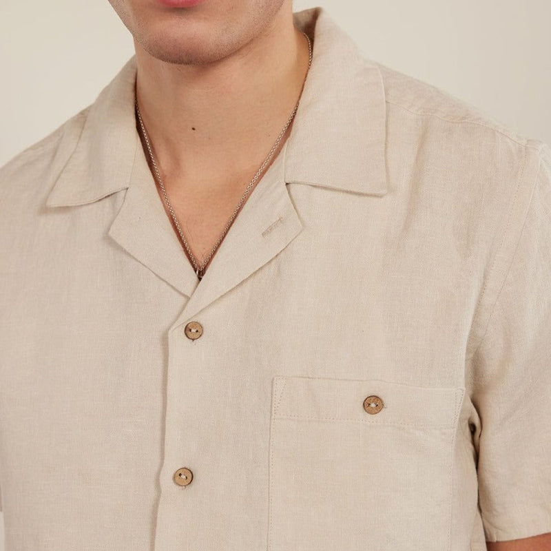 Percival Short Sleeve Cuban Shirt Linen in Stone