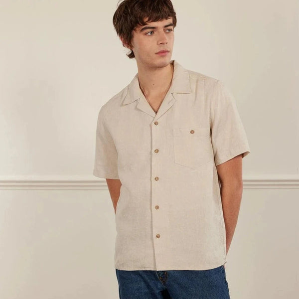 Percival Short Sleeve Cuban Shirt Linen in Stone